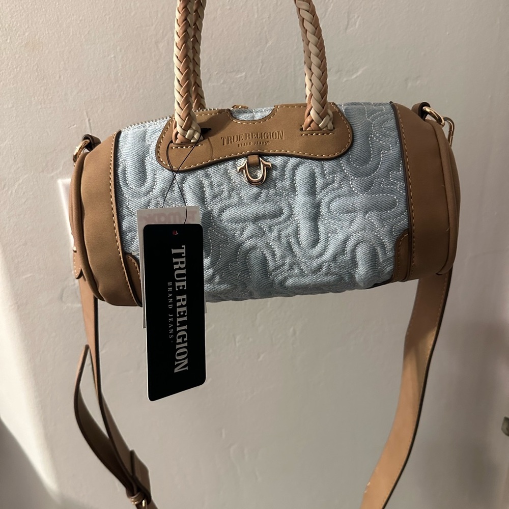 True Religion Barrel Bag Blue jean and tan with gold hardware
